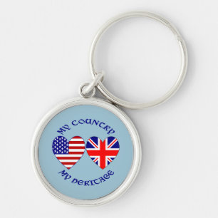 British USA Heart Flags Country Heritage Keychain