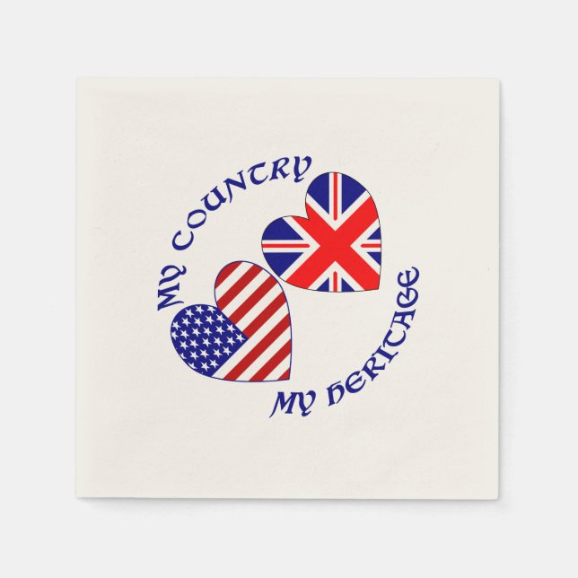 British USA Heart Flags Country Heritage Paper Napkins (Front)