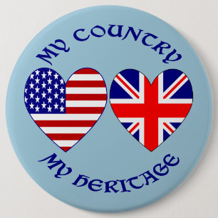 British USA Heart Flags Country Heritage Pinback Button