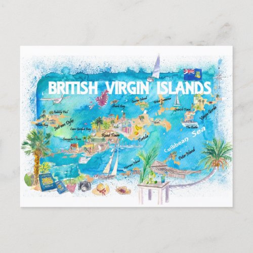 British Virgin Islands Illustrated Travel Map Postcard
