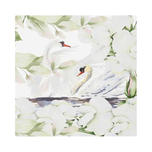 British White Floral  Swan Watercolor Art 