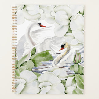 British White Floral & Swan Watercolor Art   Planner