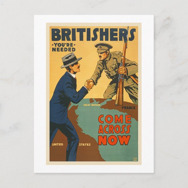 Britishers Come Across Now WWI British Propaganda Postcard (Front)