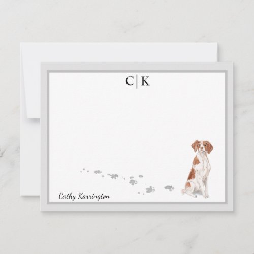 Brittany Dog Gray Border Monogram Your Name Custom Note Card