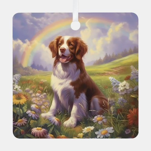 Brittany Dog Memorial Custom Name Rainbow Bridge Metal Ornament