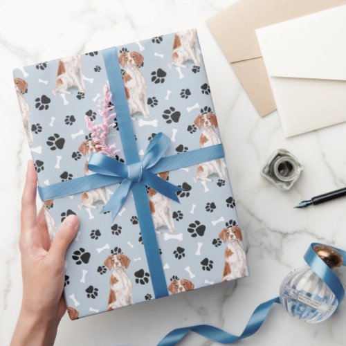 Brittany Dog Paw Print Pattern on Silver Blue Wrapping Paper