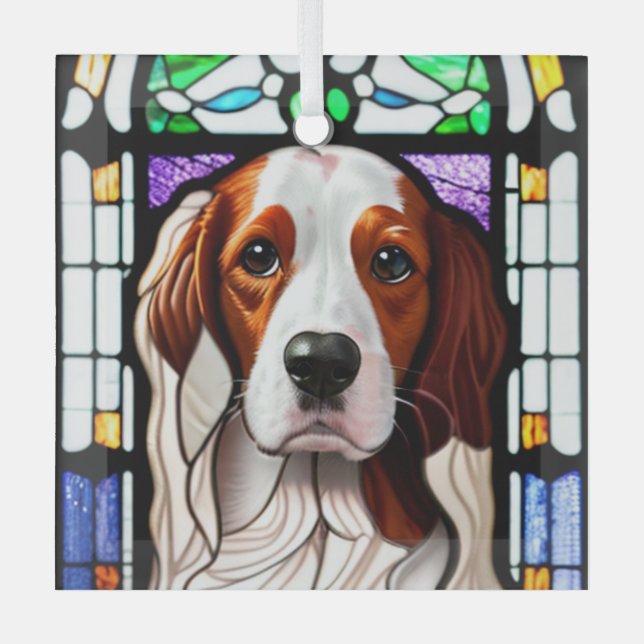 Brittany Dog "Stained Glass"  Glass Ornament (Front)