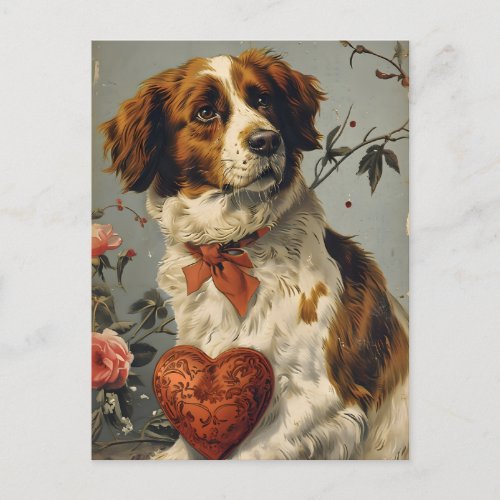 Brittany dog Vintage Valentines day  Postcard