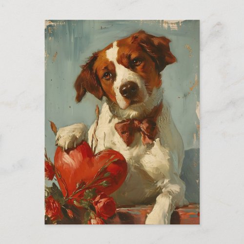 Brittany dog Vintage Valentines day Postcard