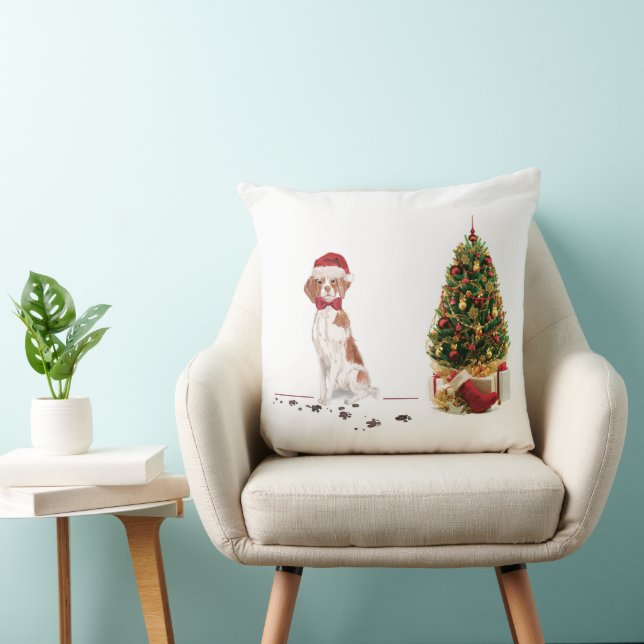 Brittany Funny Christmas Dog and Tree Throw Pillow (Chair)