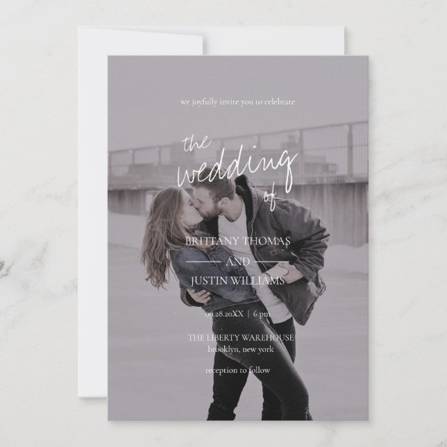 Brittany Modern Elegant White Script Photo Wedding Invitation (Front)