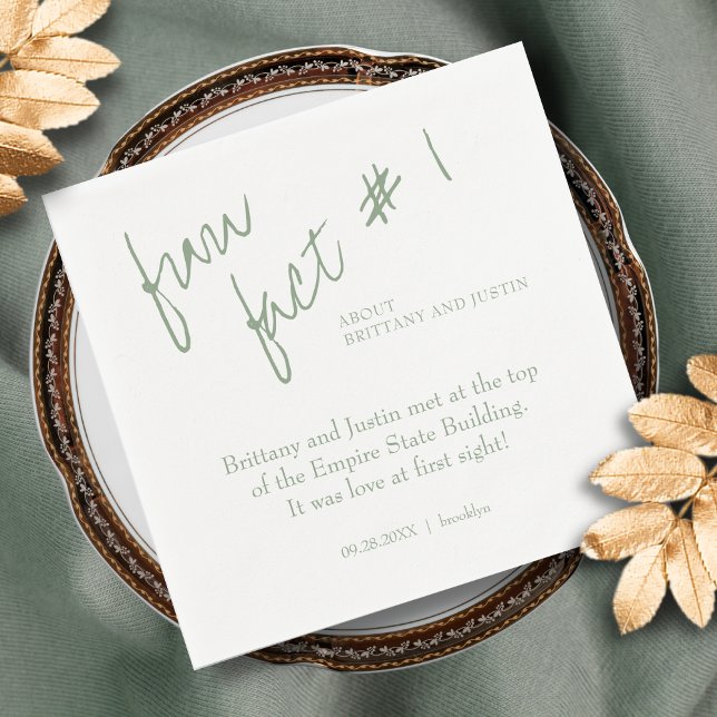 Brittany Modern Sage Green Fun Fact #1 Wedding Napkins (Fun Fact wedding cocktail napkin in sage green with modern calligraphy script.)