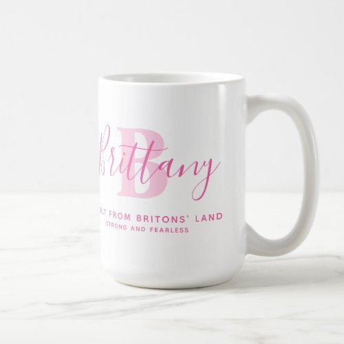 Brittany name meaning and monogram pink text coffee mug