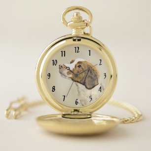 Brittany Painting - Cute Original Dog Art Pocket Watch