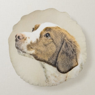 Brittany Painting - Cute Original Dog Art Round Pillow