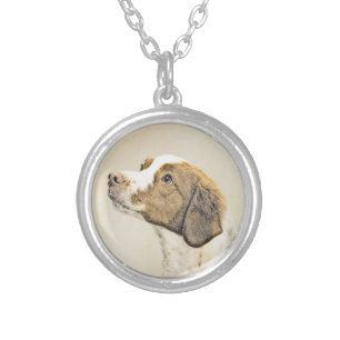 Brittany Painting - Cute Original Dog Art Silver Plated Necklace