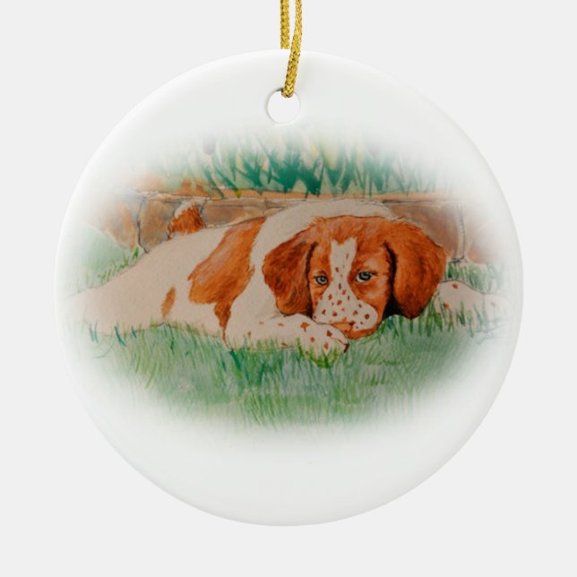 Brittany puppy ceramic ornament (Front)