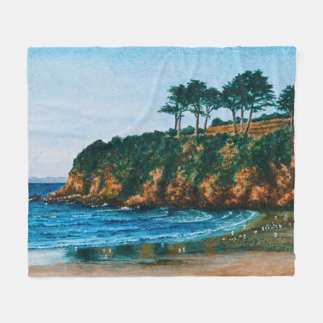 Brittany Rocky Coast Beach Acrylic Painting, cozy Fleece Blanket (Front (Horizontal))