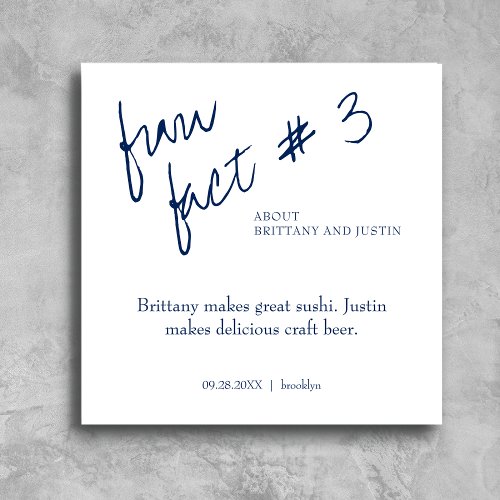 Brittany Simple Navy Blue Fun Fact 3 Wedding Napkins