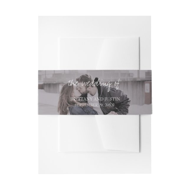 Brittany Simple White Typography Photo Invitation Belly Band (Front Example)