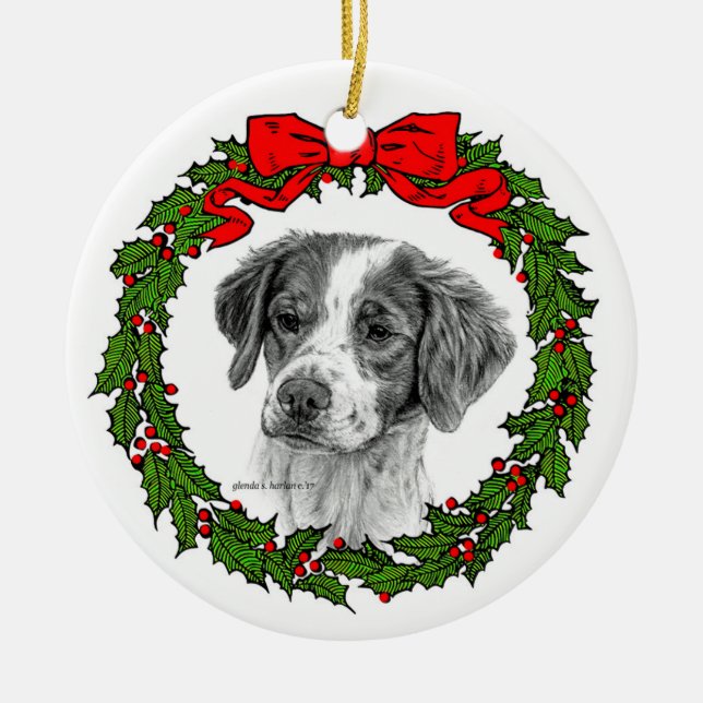 Brittany Spaniel Art by Glenda S. Harlan Ceramic Ornament (Front)