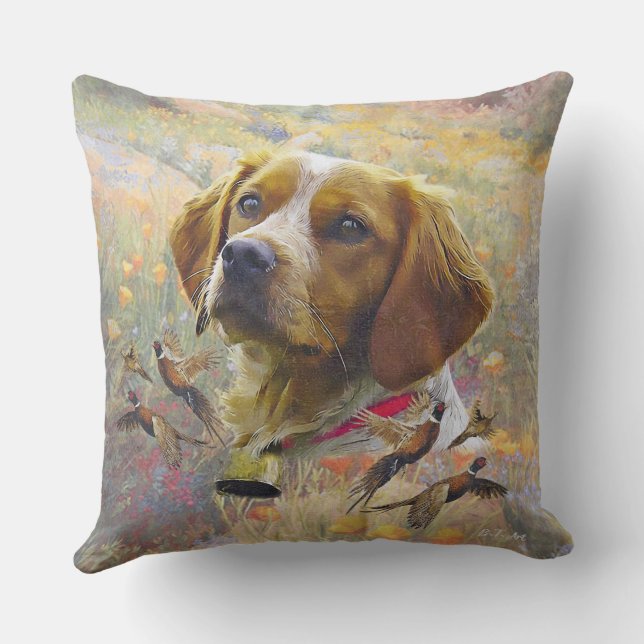 Brittany Spaniel Art , Pheasant hunting Throw Pillow (Back)