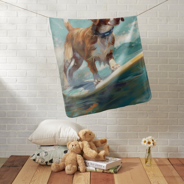 Brittany Spaniel Beach Surfing Painting  Baby Blanket (In Situ)