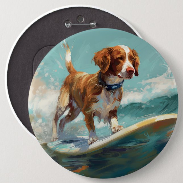 Brittany Spaniel Beach Surfing Painting  Button (Front & Back)