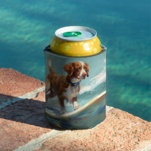 Brittany Spaniel Beach Surfing Painting  Can Cooler