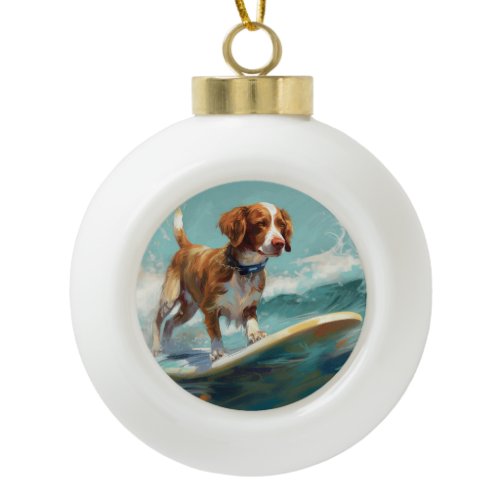 Brittany Spaniel Beach Surfing Painting  Ceramic Ball Christmas Ornament