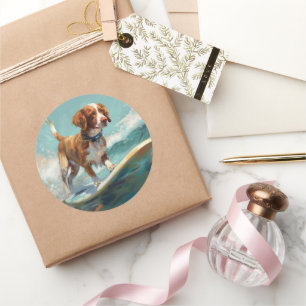 Brittany Spaniel Beach Surfing Painting Classic Round Sticker
