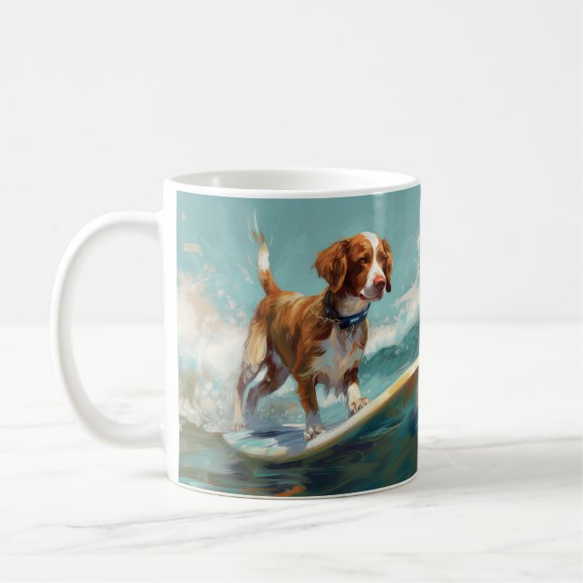 Brittany Spaniel Beach Surfing Painting  Coffee Mug (Left)