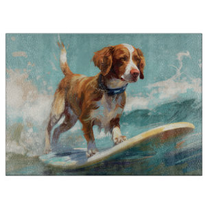 Brittany Spaniel Beach Surfing Painting  Cutting Board