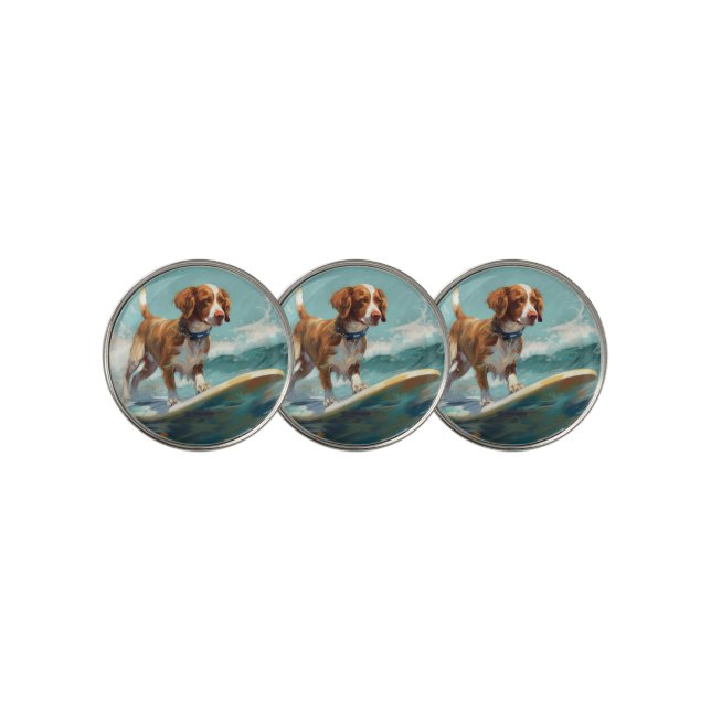 Brittany Spaniel Beach Surfing Painting  Golf Ball Marker (3 Up)