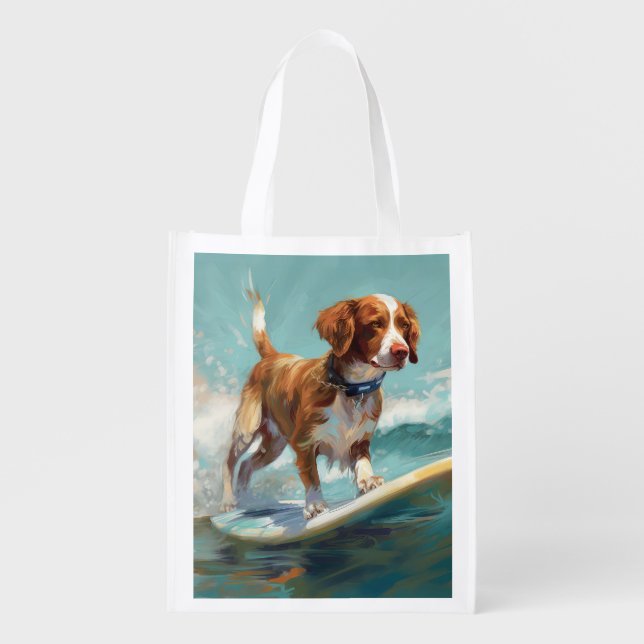 Brittany Spaniel Beach Surfing Painting  Grocery Bag (Front)