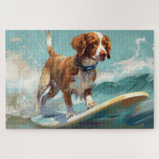 Brittany Spaniel Beach Surfing Painting  Jigsaw Puzzle (Horizontal)