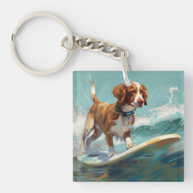 Brittany Spaniel Beach Surfing Painting  Keychain (Front)