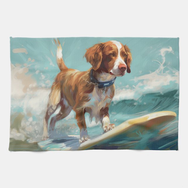 Brittany Spaniel Beach Surfing Painting  Kitchen Towel (Horizontal)