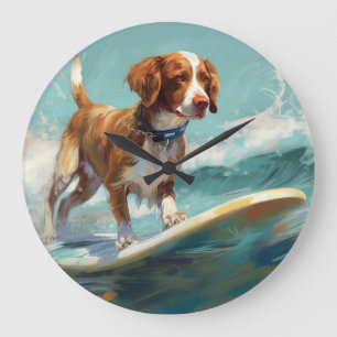 Brittany Spaniel Beach Surfing Painting Large Clock