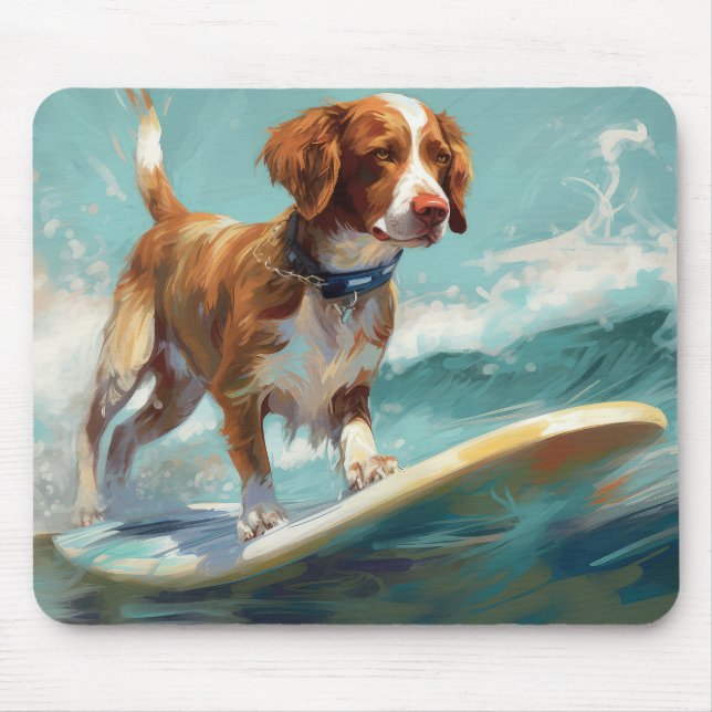 Brittany Spaniel Beach Surfing Painting  Mouse Pad (Front)