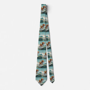 Brittany Spaniel Beach Surfing Painting  Neck Tie
