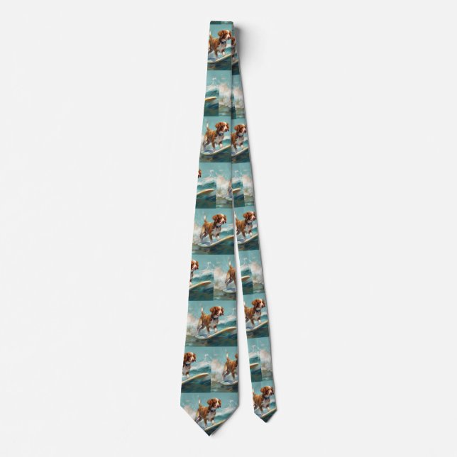 Brittany Spaniel Beach Surfing Painting  Neck Tie (Front)