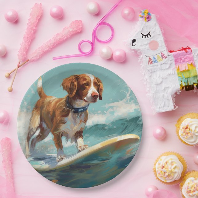 Brittany Spaniel Beach Surfing Painting  Paper Plates (Party)