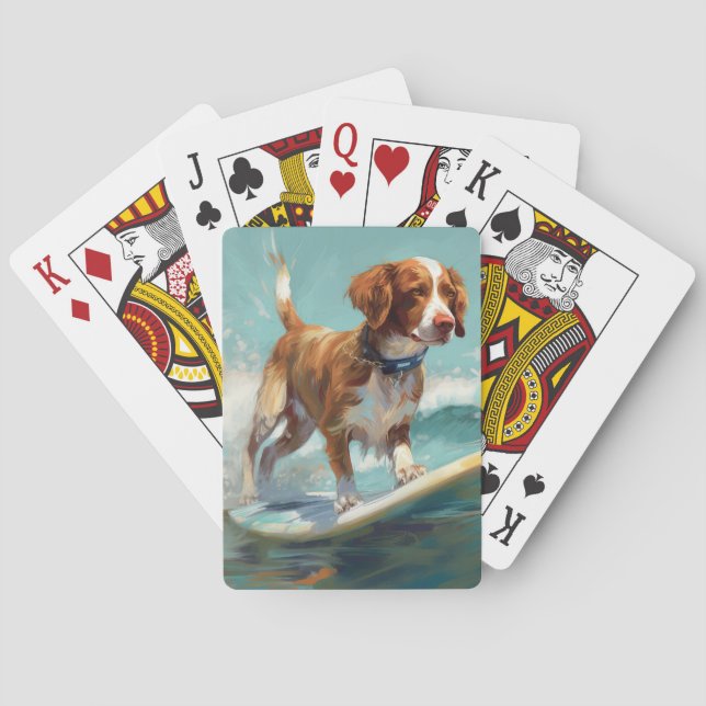 Brittany Spaniel Beach Surfing Painting  Poker Cards (Back)