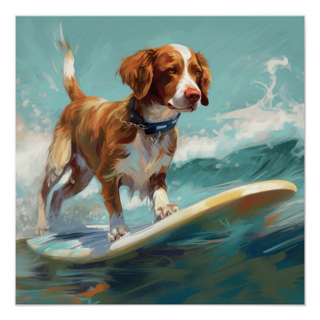 Brittany Spaniel Beach Surfing Painting  Poster (Front)