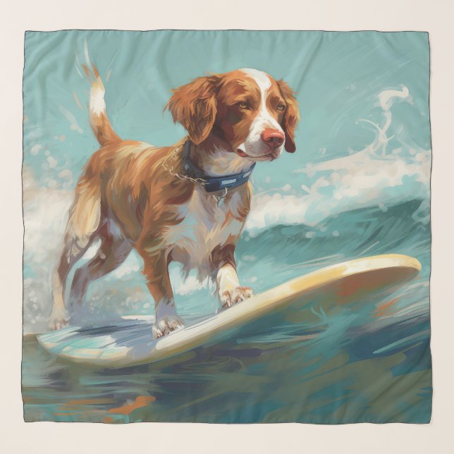 Brittany Spaniel Beach Surfing Painting  Scarf (Front)