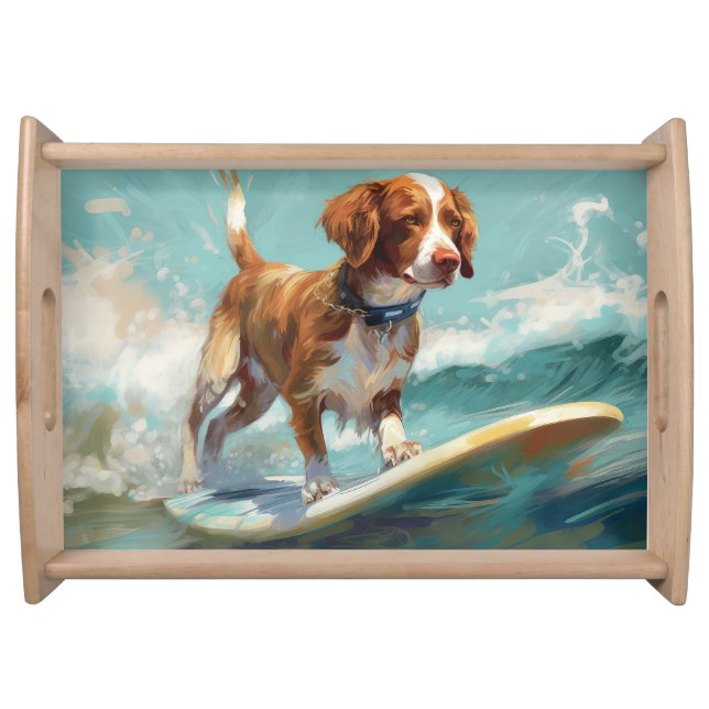 Brittany Spaniel Beach Surfing Painting  Serving Tray (Front)
