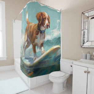 Brittany Spaniel Beach Surfing Painting Shower Curtain