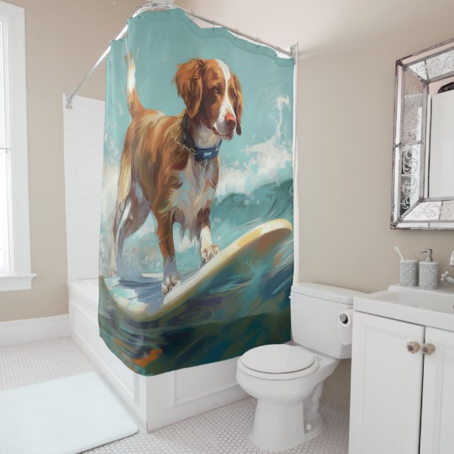 Brittany Spaniel Beach Surfing Painting  Shower Curtain (In Situ)