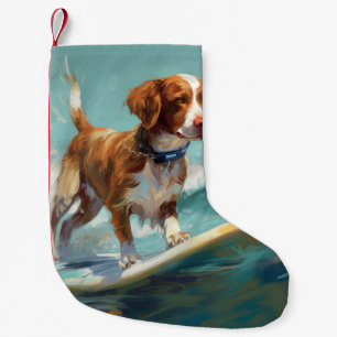 Brittany Spaniel Beach Surfing Painting Small Christmas Stocking